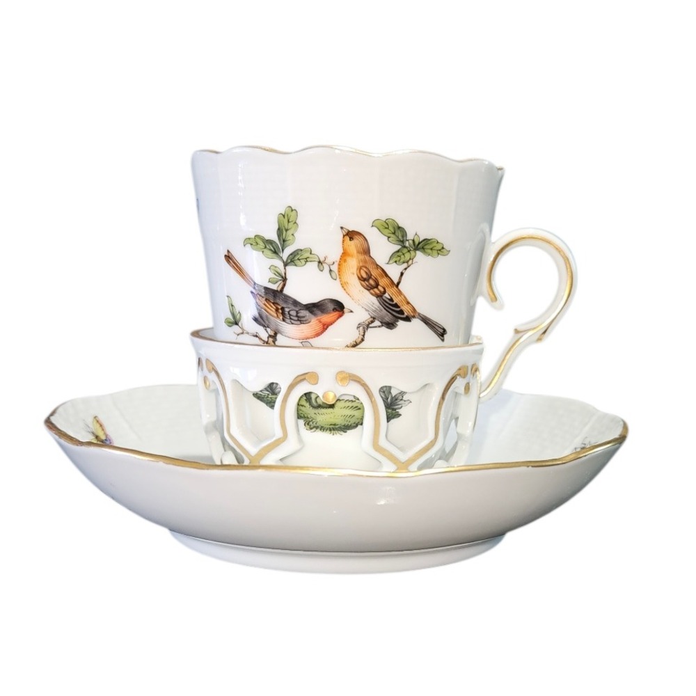 Herend Rothschild Bird Teacup and‎ Saucer Set Handpainted Porcelain Hungary 715